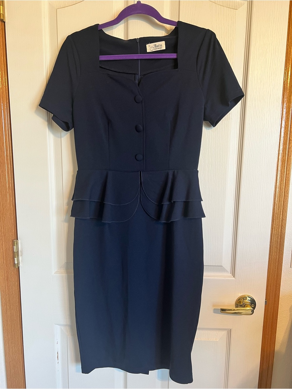 Navy Peplum Midi Dress with Short Sleeves